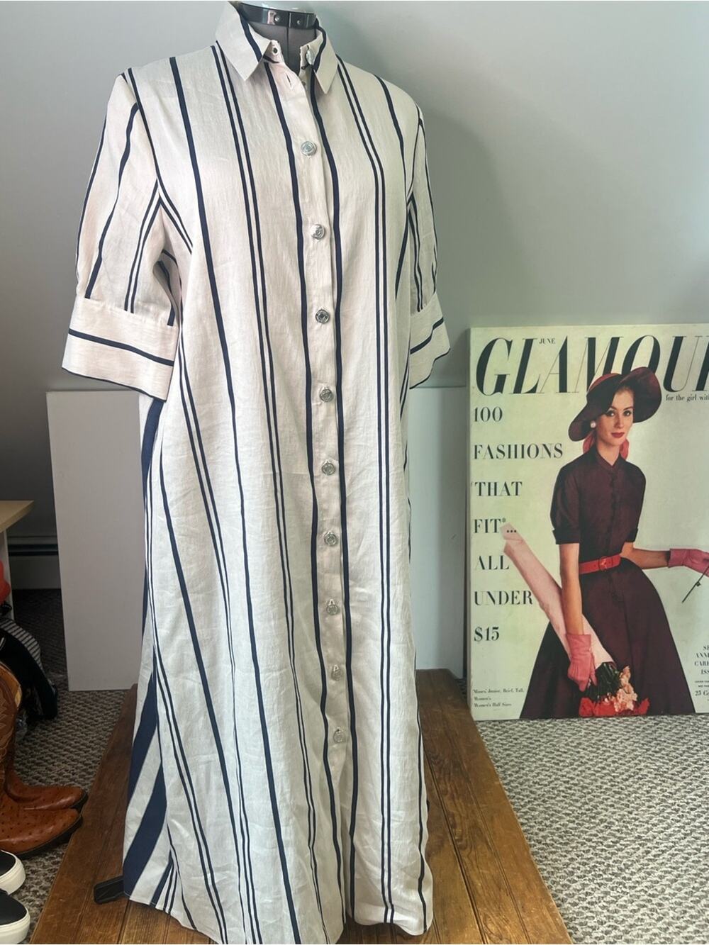 Striped Button-Front Shirt Maxi Dress Vilagallio Linen in tan navy 3/4 sleeve